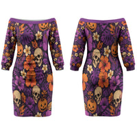 Hawaii Halloween Couples Matching Off The Shoulder Long Sleeve Dress and Hawaiian Shirt Skeleton Pumpkin Hawaiian Flower Tribal DT05 - Polynesian Pride