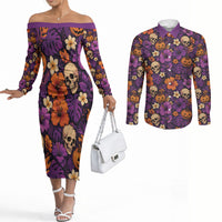 Hawaii Halloween Couples Matching Off The Shoulder Long Sleeve Dress and Long Sleeve Button Shirt Skeleton Pumpkin Hawaiian Flower Tribal DT05 Purple - Polynesian Pride