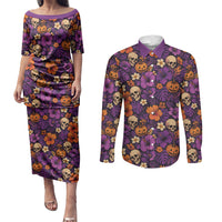 Hawaii Halloween Couples Matching Puletasi and Long Sleeve Button Shirt Skeleton Pumpkin Hawaiian Flower Tribal DT05 Purple - Polynesian Pride