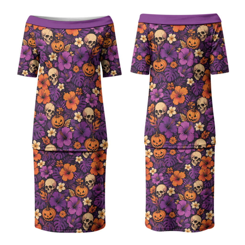 Hawaii Halloween Couples Matching Puletasi and Long Sleeve Button Shirt Skeleton Pumpkin Hawaiian Flower Tribal DT05 - Polynesian Pride