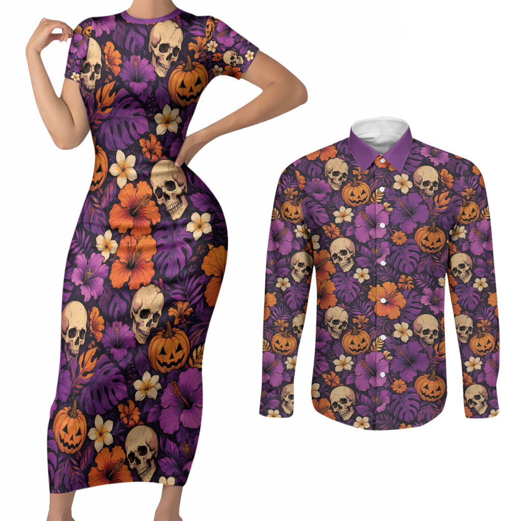 Hawaii Halloween Couples Matching Short Sleeve Bodycon Dress and Long Sleeve Button Shirt Skeleton Pumpkin Hawaiian Flower Tribal DT05 Purple - Polynesian Pride