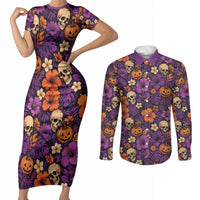 Hawaii Halloween Couples Matching Short Sleeve Bodycon Dress and Long Sleeve Button Shirt Skeleton Pumpkin Hawaiian Flower Tribal DT05 Purple - Polynesian Pride