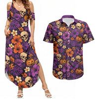 Hawaii Halloween Couples Matching Summer Maxi Dress and Hawaiian Shirt Skeleton Pumpkin Hawaiian Flower Tribal DT05 Purple - Polynesian Pride