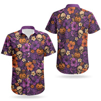 Hawaii Halloween Couples Matching Summer Maxi Dress and Hawaiian Shirt Skeleton Pumpkin Hawaiian Flower Tribal DT05 - Polynesian Pride