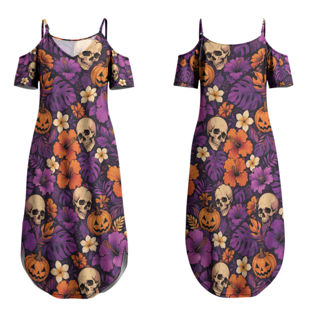 Hawaii Halloween Couples Matching Summer Maxi Dress and Long Sleeve Button Shirt Skeleton Pumpkin Hawaiian Flower Tribal DT05 - Polynesian Pride