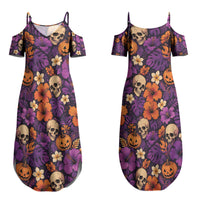 Hawaii Halloween Couples Matching Summer Maxi Dress and Long Sleeve Button Shirt Skeleton Pumpkin Hawaiian Flower Tribal DT05 - Polynesian Pride
