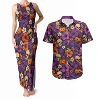 Hawaii Halloween Couples Matching Tank Maxi Dress and Hawaiian Shirt Skeleton Pumpkin Hawaiian Flower Tribal DT05 Purple - Polynesian Pride