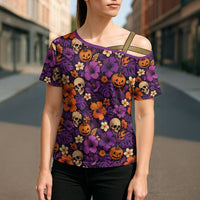Hawaii Halloween Cross Shoulder Shirt Skeleton Pumpkin Hawaiian Flower Tribal DT05 - Polynesian Pride