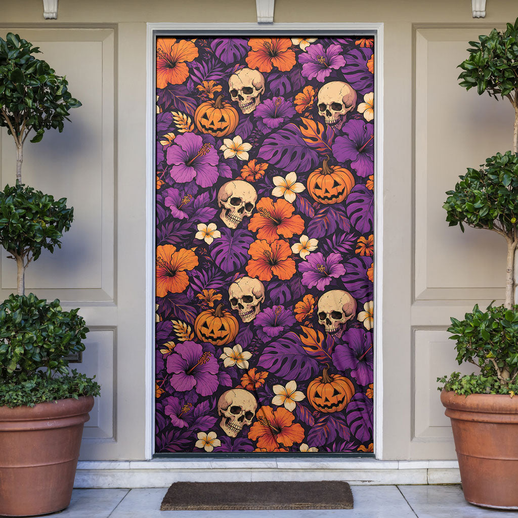 Hawaii Halloween Door Cover Skeleton Pumpkin Hawaiian Flower Tribal DT05 Purple - Polynesian Pride