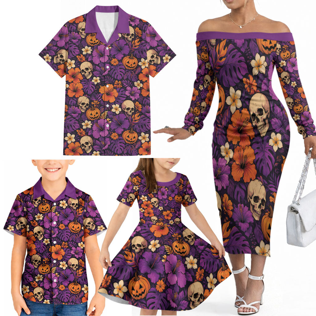 Hawaii Halloween Family Matching Off The Shoulder Long Sleeve Dress and Hawaiian Shirt Skeleton Pumpkin Hawaiian Flower Tribal DT05 - Polynesian Pride