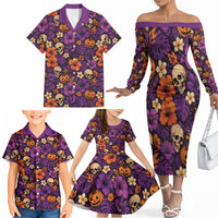 Hawaii Halloween Family Matching Off The Shoulder Long Sleeve Dress and Hawaiian Shirt Skeleton Pumpkin Hawaiian Flower Tribal DT05 - Polynesian Pride