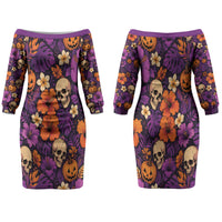 Hawaii Halloween Family Matching Off The Shoulder Long Sleeve Dress and Hawaiian Shirt Skeleton Pumpkin Hawaiian Flower Tribal DT05 Mom's Dress Purple - Polynesian Pride