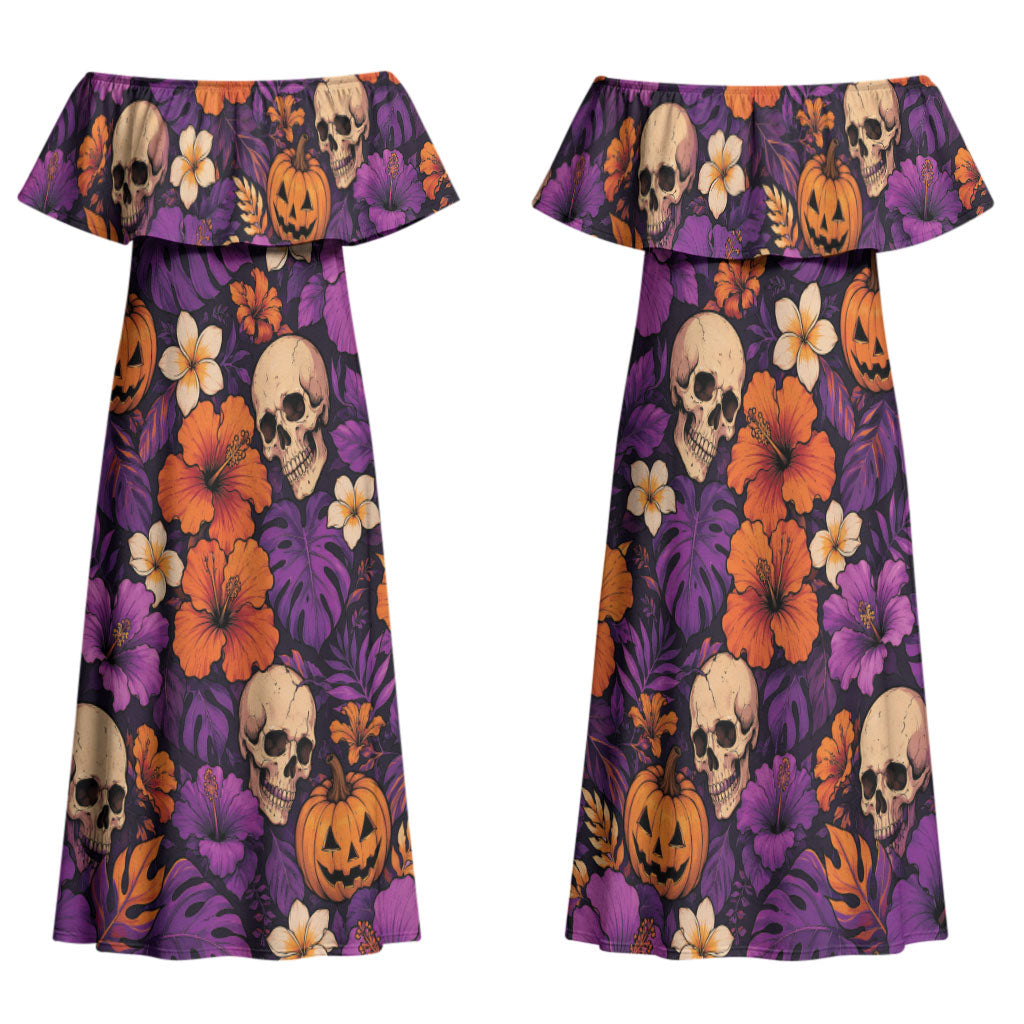 Hawaii Halloween Family Matching Off Shoulder Maxi Dress and Hawaiian Shirt Skeleton Pumpkin Hawaiian Flower Tribal DT05 Mom's Dress Purple - Polynesian Pride