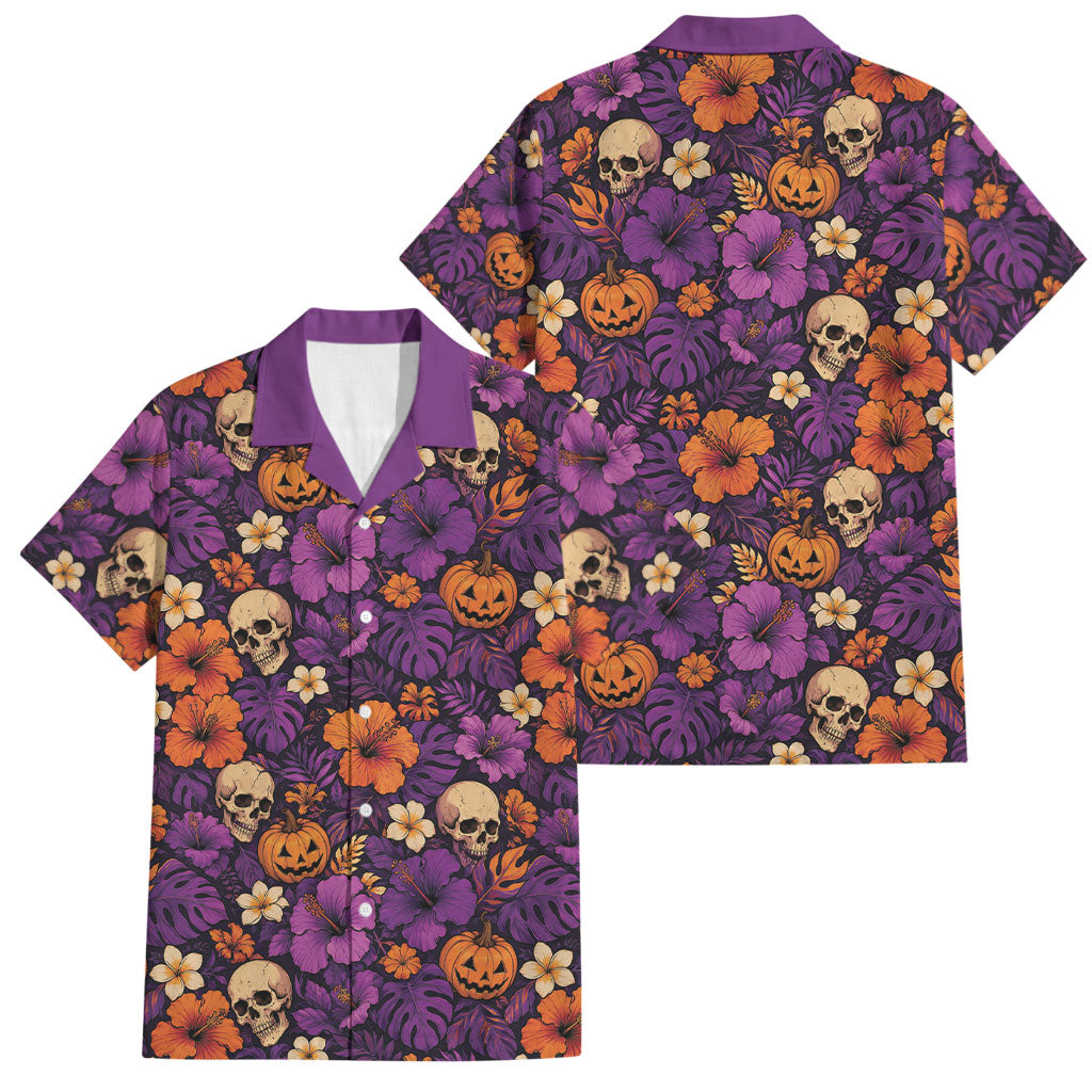 Hawaii Halloween Family Matching Off Shoulder Maxi Dress and Hawaiian Shirt Skeleton Pumpkin Hawaiian Flower Tribal DT05 Dad's Shirt - Short Sleeve Purple - Polynesian Pride