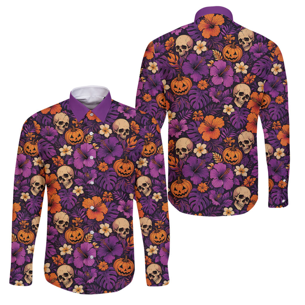 Hawaii Halloween Family Matching Off Shoulder Maxi Dress and Hawaiian Shirt Skeleton Pumpkin Hawaiian Flower Tribal DT05 Dad's Shirt - Long Sleeve Purple - Polynesian Pride