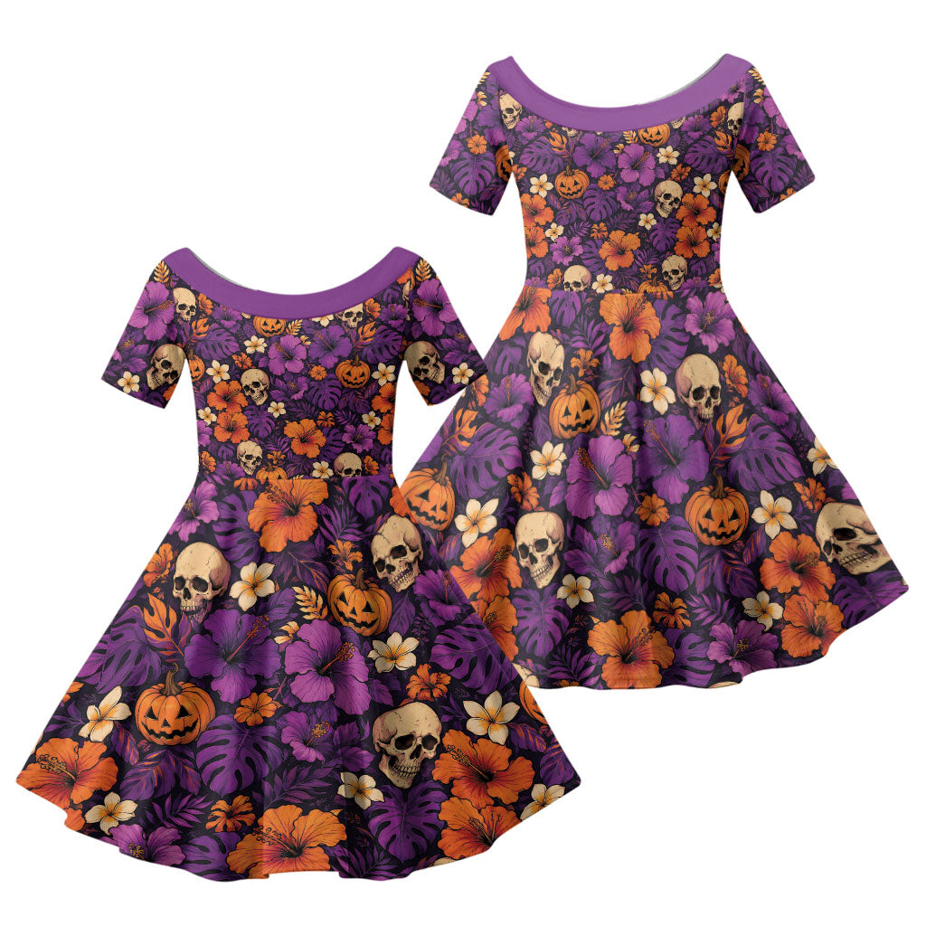 Hawaii Halloween Family Matching Off Shoulder Maxi Dress and Hawaiian Shirt Skeleton Pumpkin Hawaiian Flower Tribal DT05 Daughter's Dress Purple - Polynesian Pride