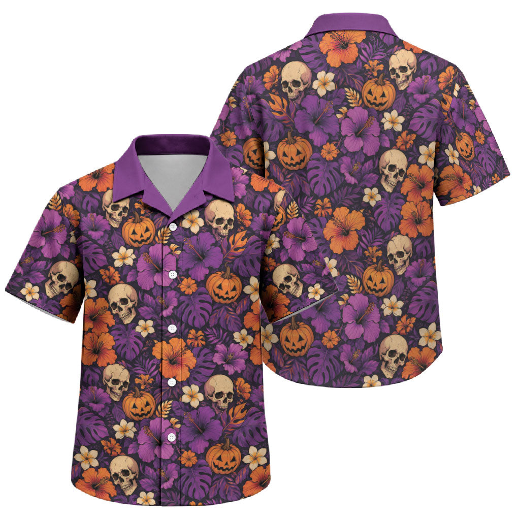 Hawaii Halloween Family Matching Off Shoulder Maxi Dress and Hawaiian Shirt Skeleton Pumpkin Hawaiian Flower Tribal DT05 Son's Shirt Purple - Polynesian Pride