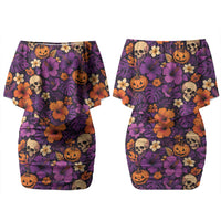 Hawaii Halloween Family Matching Off Shoulder Short Dress and Hawaiian Shirt Skeleton Pumpkin Hawaiian Flower Tribal DT05 Mom's Dress Purple - Polynesian Pride