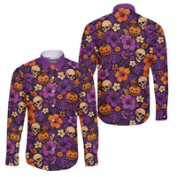 Hawaii Halloween Family Matching Off Shoulder Short Dress and Hawaiian Shirt Skeleton Pumpkin Hawaiian Flower Tribal DT05 Dad's Shirt - Long Sleeve Purple - Polynesian Pride