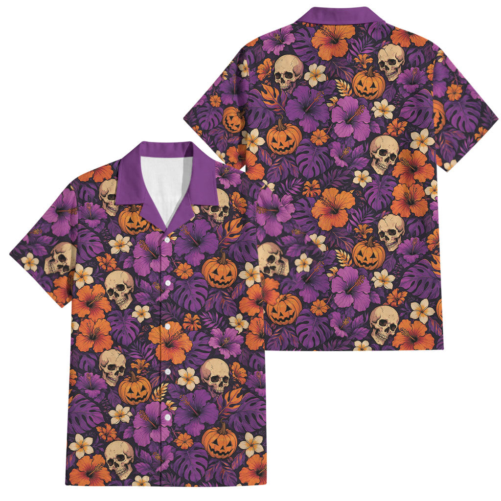 Hawaii Halloween Family Matching Summer Maxi Dress and Hawaiian Shirt Skeleton Pumpkin Hawaiian Flower Tribal DT05 Dad's Shirt - Short Sleeve Purple - Polynesian Pride