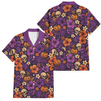Hawaii Halloween Family Matching Summer Maxi Dress and Hawaiian Shirt Skeleton Pumpkin Hawaiian Flower Tribal DT05 Dad's Shirt - Short Sleeve Purple - Polynesian Pride