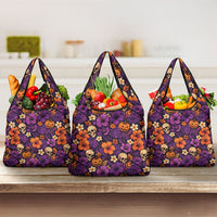 Hawaii Halloween Grocery Bag Skeleton Pumpkin Hawaiian Flower Tribal DT05 3-pack One Size Purple - Polynesian Pride