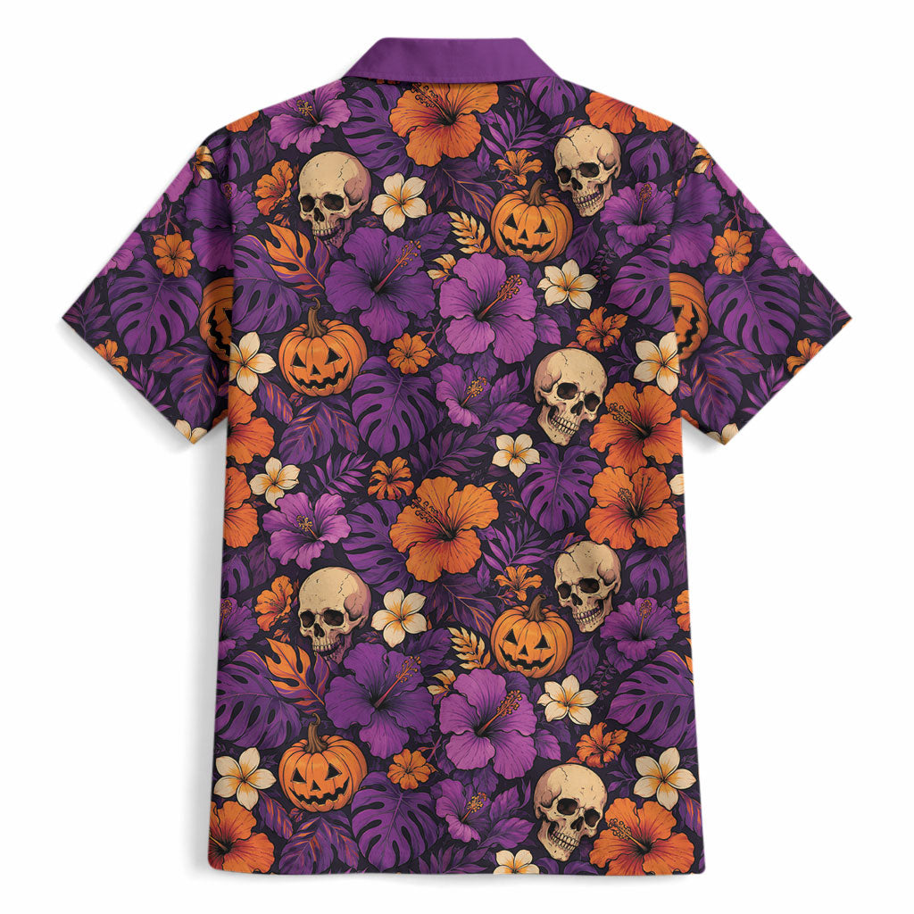 Hawaii Halloween Hawaiian Shirt Skeleton Pumpkin Hawaiian Flower Tribal DT05 - Polynesian Pride
