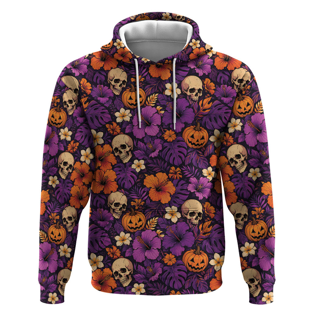 Hawaii Halloween Hoodie Skeleton Pumpkin Hawaiian Flower Tribal DT05 Pullover Hoodie Purple - Polynesian Pride