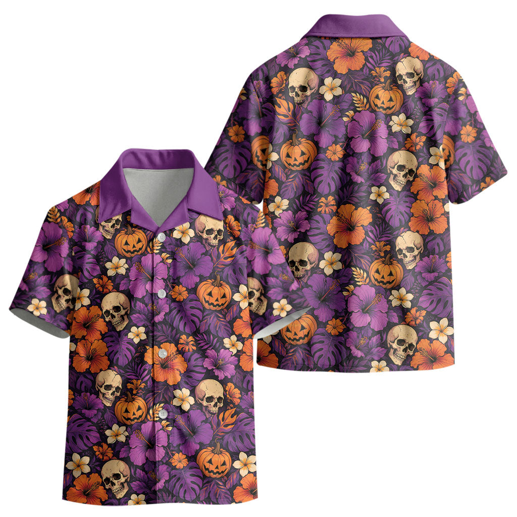 Hawaii Halloween Kid Hawaiian Shirt Skeleton Pumpkin Hawaiian Flower Tribal DT05 - Polynesian Pride
