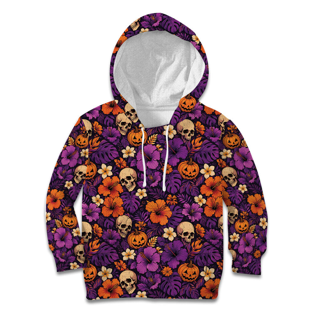 Hawaii Halloween Kid Hoodie Skeleton Pumpkin Hawaiian Flower Tribal DT05 Hoodie Purple - Polynesian Pride