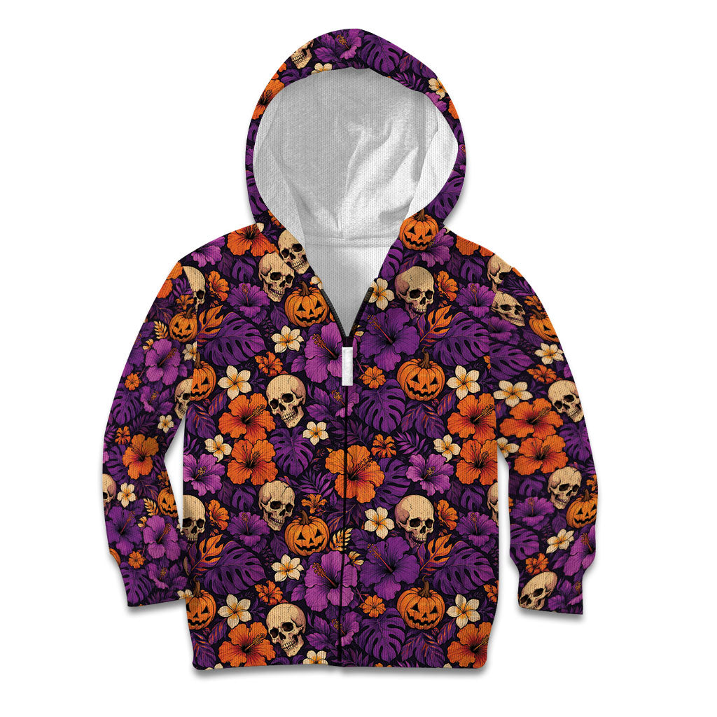 Hawaii Halloween Kid Hoodie Skeleton Pumpkin Hawaiian Flower Tribal DT05 Zip Hoodie Purple - Polynesian Pride
