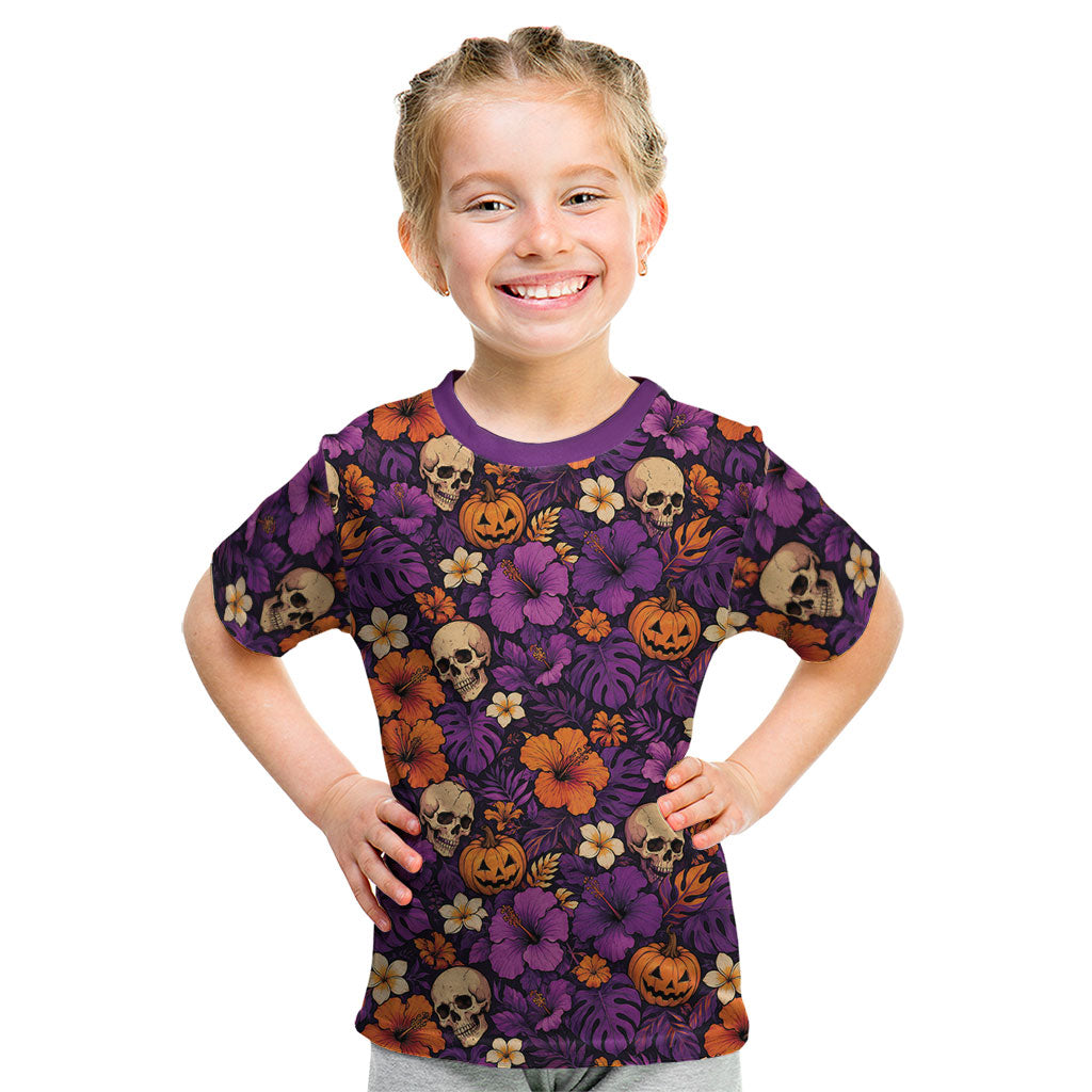 Hawaii Halloween Kid T Shirt Skeleton Pumpkin Hawaiian Flower Tribal DT05 Purple - Polynesian Pride