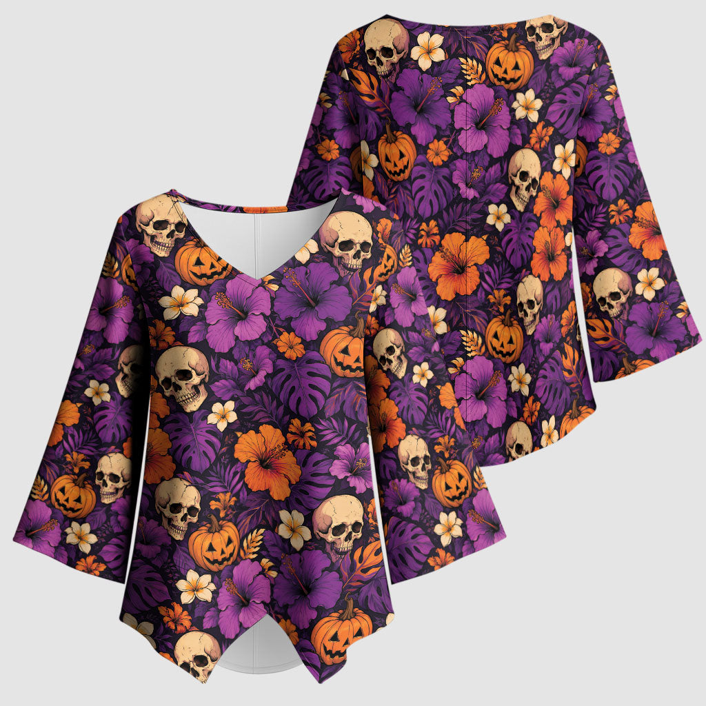 Hawaii Halloween Kimono Sleeve Blouse Skeleton Pumpkin Hawaiian Flower Tribal DT05 - Polynesian Pride