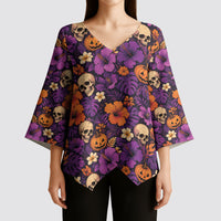 Hawaii Halloween Kimono Sleeve Blouse Skeleton Pumpkin Hawaiian Flower Tribal DT05 - Polynesian Pride