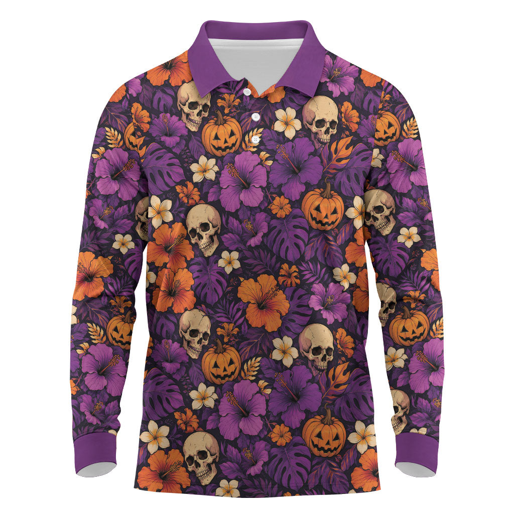 Hawaii Halloween Long Sleeve Polo Shirt Skeleton Pumpkin Hawaiian Flower Tribal DT05 Purple - Polynesian Pride