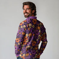 Hawaii Halloween Long Sleeve Polo Shirt Skeleton Pumpkin Hawaiian Flower Tribal DT05 - Polynesian Pride