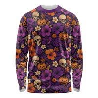 Hawaii Halloween Long Sleeve Shirt Skeleton Pumpkin Hawaiian Flower Tribal DT05 Unisex Purple - Polynesian Pride