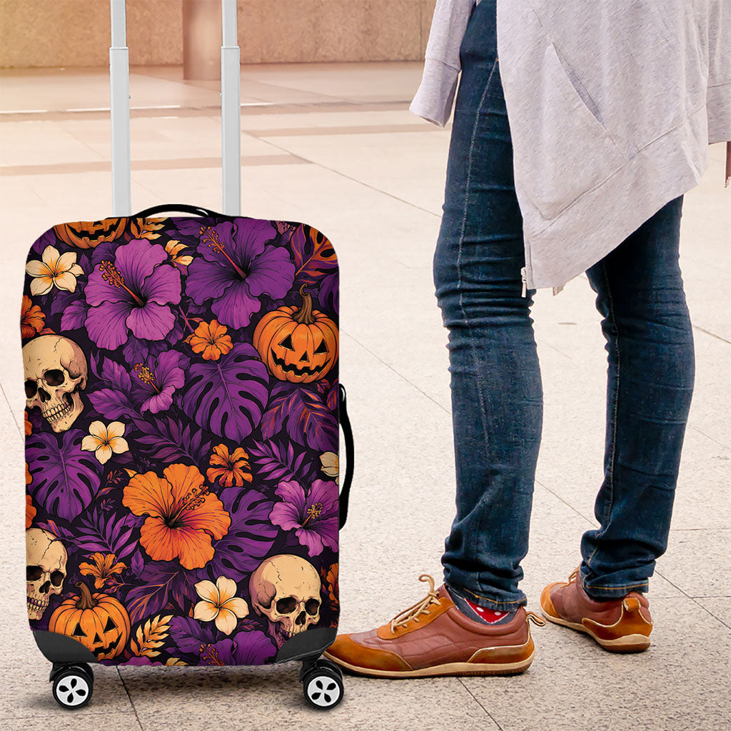 Hawaii Halloween Luggage Cover Skeleton Pumpkin Hawaiian Flower Tribal DT05 Purple - Polynesian Pride