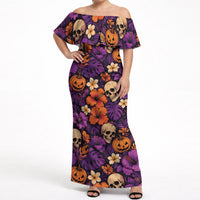 Hawaii Halloween Off Shoulder Maxi Dress Skeleton Pumpkin Hawaiian Flower Tribal DT05 Women Purple - Polynesian Pride