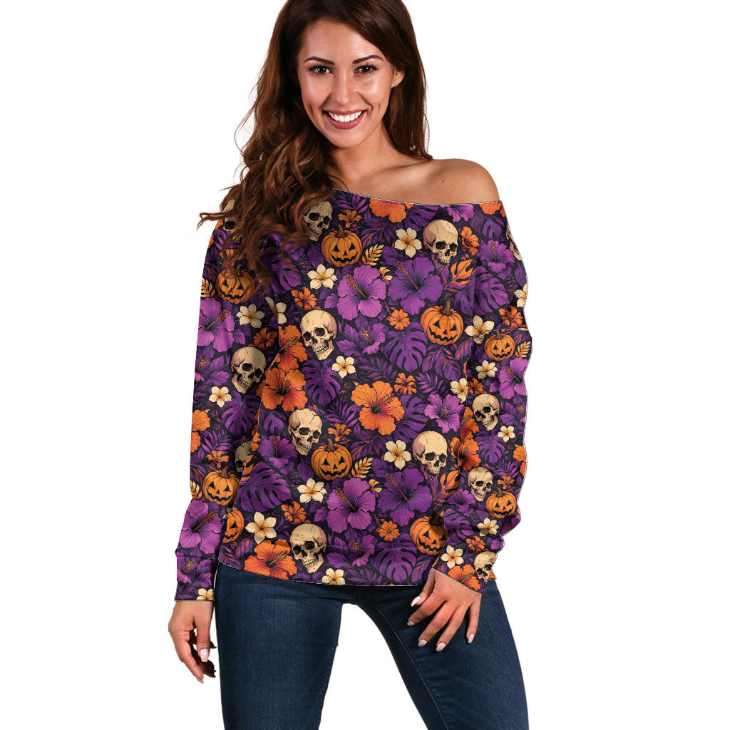 Hawaii Halloween Off Shoulder Sweater Skeleton Pumpkin Hawaiian Flower Tribal DT05 Women Purple - Polynesian Pride