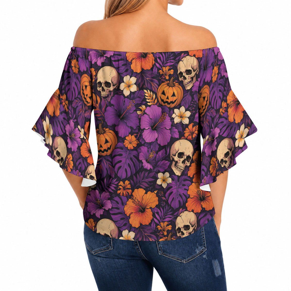 Hawaii Halloween Off Shoulder Wrap Waist Top Skeleton Pumpkin Hawaiian Flower Tribal DT05 - Polynesian Pride