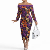 Hawaii Halloween Off The Shoulder Long Sleeve Dress Skeleton Pumpkin Hawaiian Flower Tribal DT05 Women Purple - Polynesian Pride