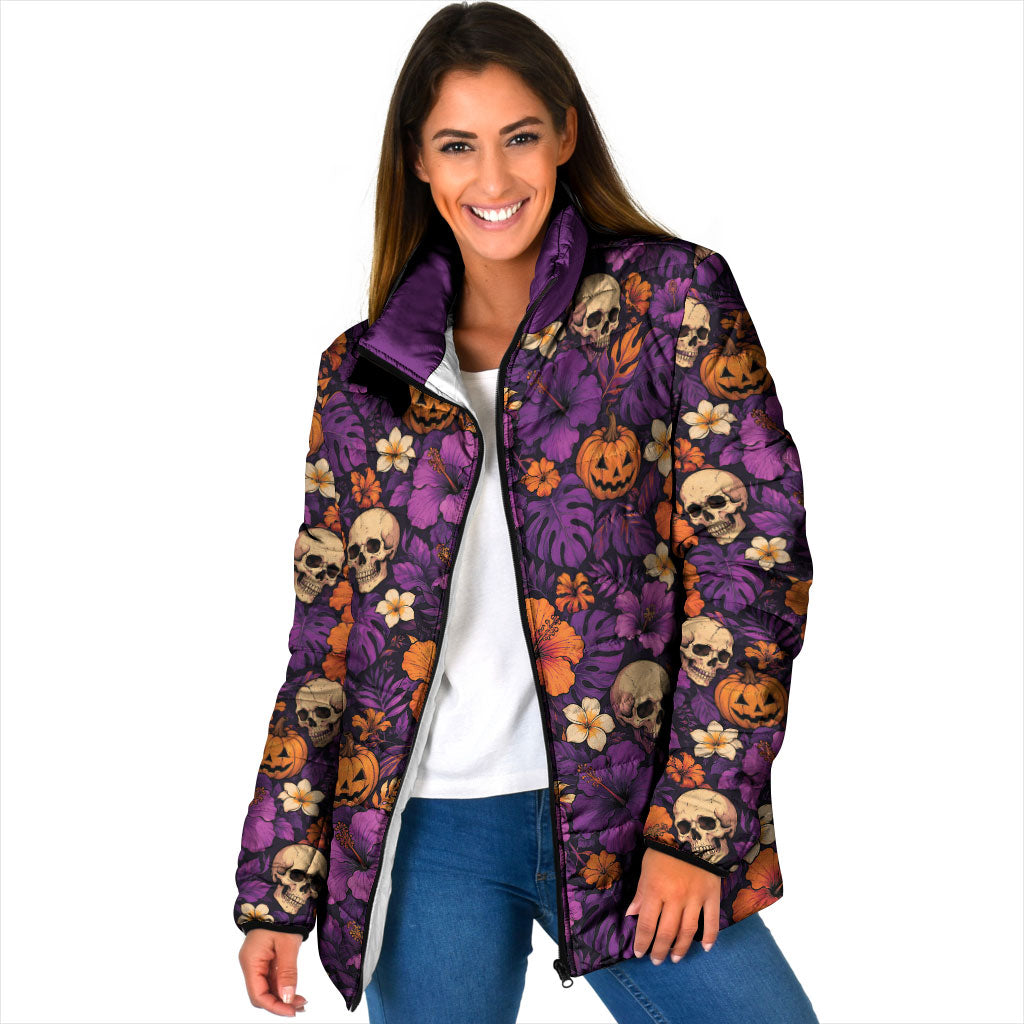 Hawaii Halloween Padded Jacket Skeleton Pumpkin Hawaiian Flower Tribal DT05 Women Purple - Polynesian Pride