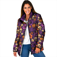 Hawaii Halloween Padded Jacket Skeleton Pumpkin Hawaiian Flower Tribal DT05 Women Purple - Polynesian Pride
