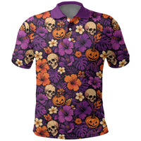 Hawaii Halloween Polo Shirt Skeleton Pumpkin Hawaiian Flower Tribal DT05 Purple - Polynesian Pride