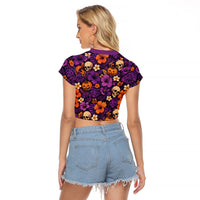 Hawaii Halloween Raglan Cropped T Shirt Skeleton Pumpkin Hawaiian Flower Tribal DT05 - Polynesian Pride