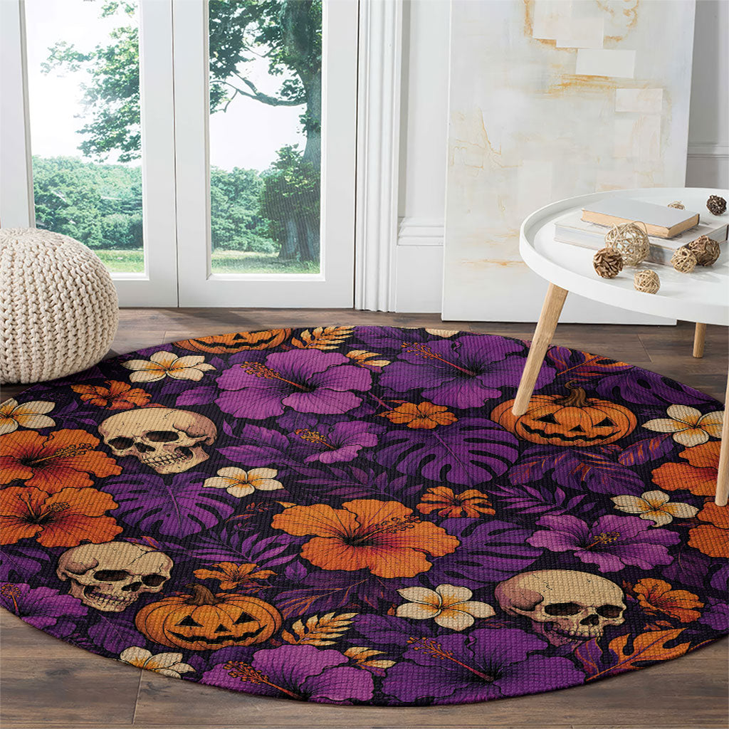 Hawaii Halloween Round Carpet Skeleton Pumpkin Hawaiian Flower Tribal DT05 - Polynesian Pride
