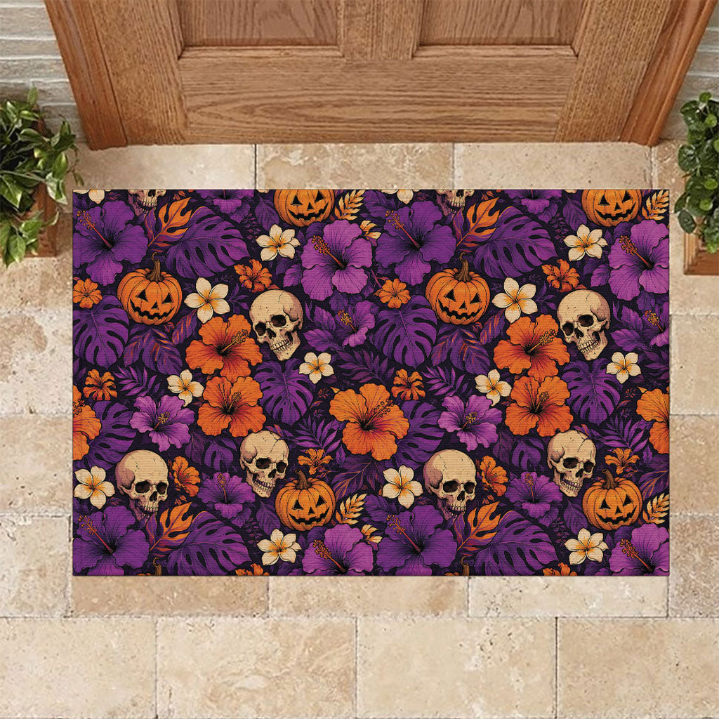 Hawaii Halloween Rubber Doormat Skeleton Pumpkin Hawaiian Flower Tribal DT05 Purple - Polynesian Pride