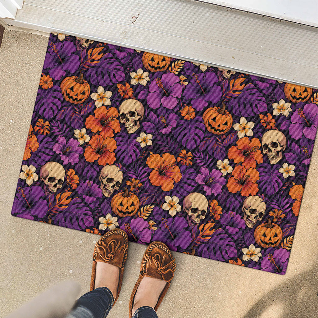 Hawaii Halloween Rubber Doormat Skeleton Pumpkin Hawaiian Flower Tribal DT05 - Polynesian Pride