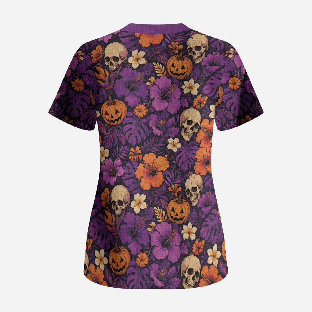 Hawaii Halloween Scrub Top Skeleton Pumpkin Hawaiian Flower Tribal DT05 - Polynesian Pride